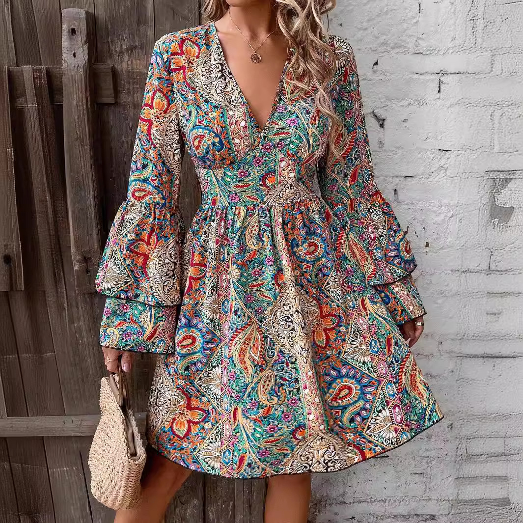 Elegant Floral Print V-Neck Bell Sleeve Midi Dress