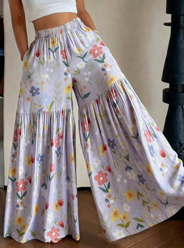 High-Waist Floral Wide-Leg Pants Casual Loose Fit