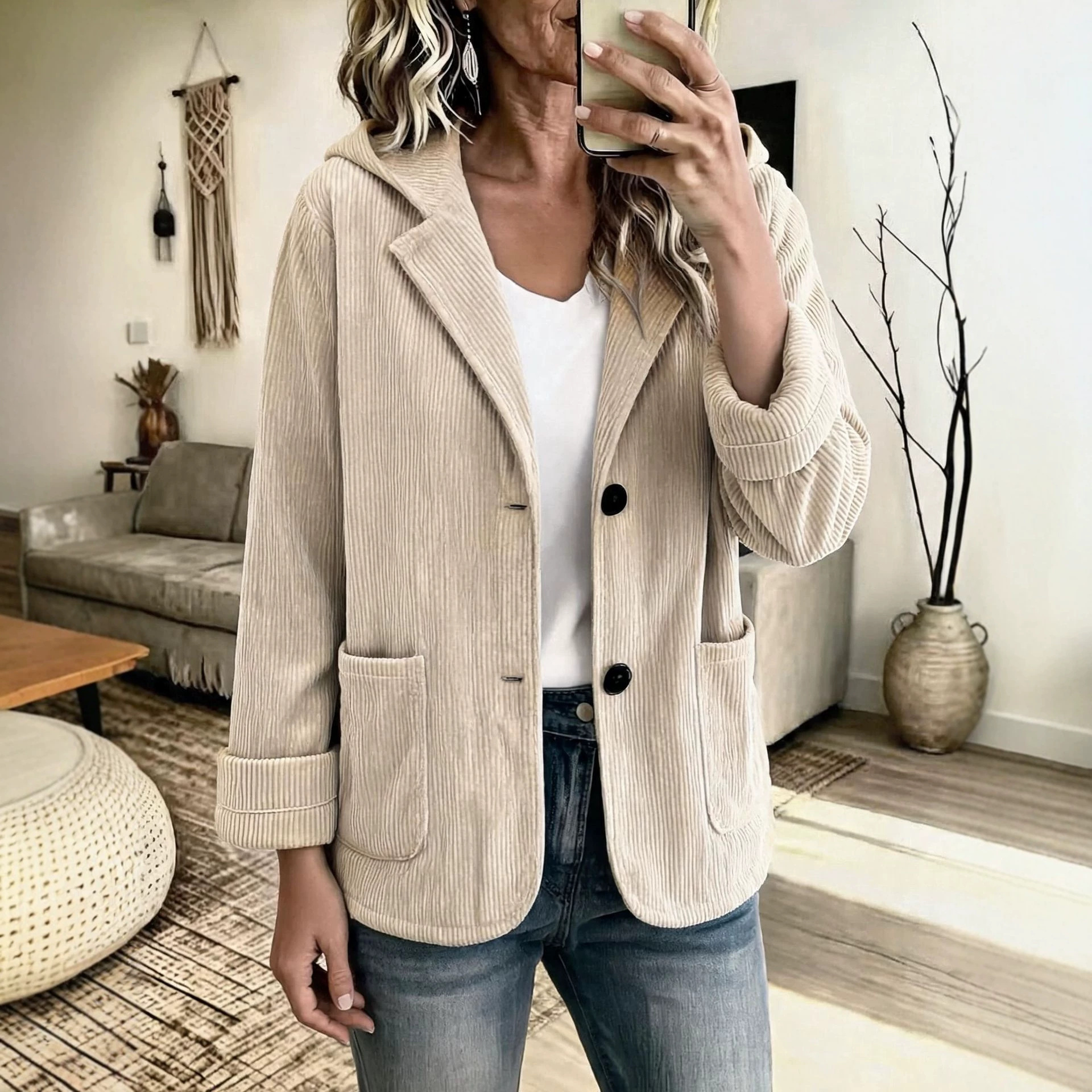 Corduroy Hooded Short Jacket with Lapel Collar