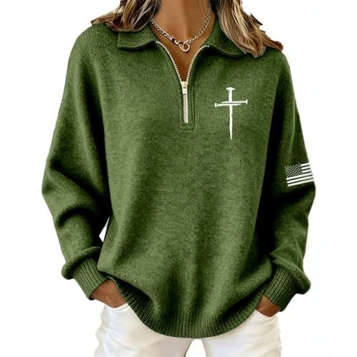 Cross American Flag Print Half-Zip Hoodie