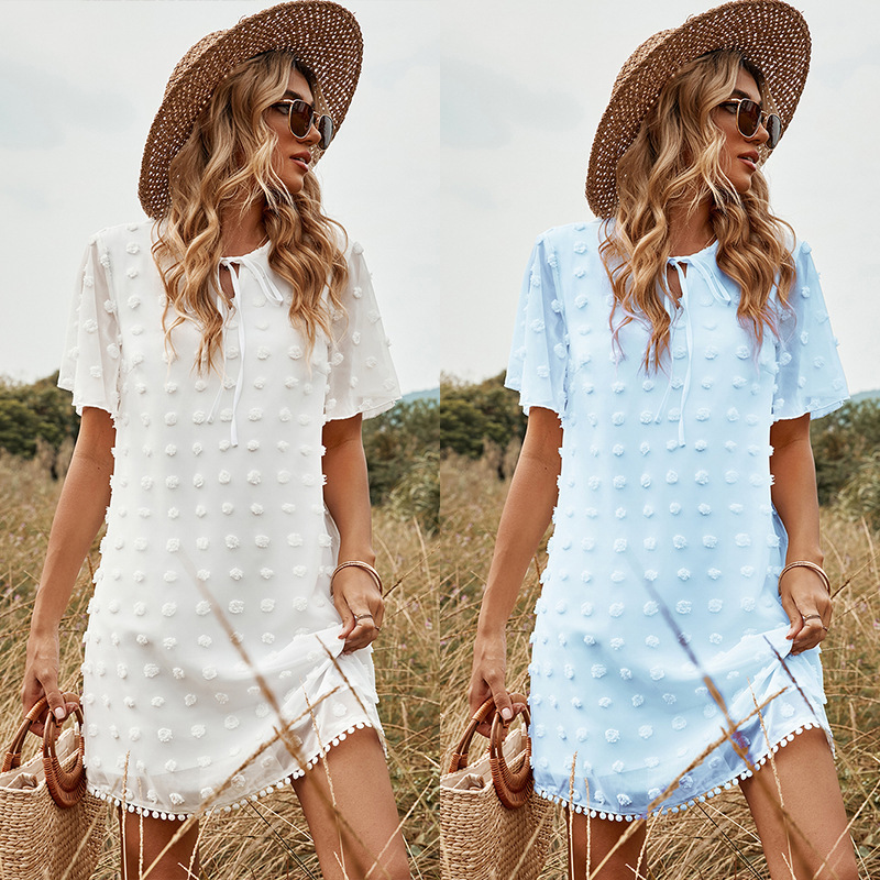 White Chiffon Polka Dot Short Sleeve Dress
