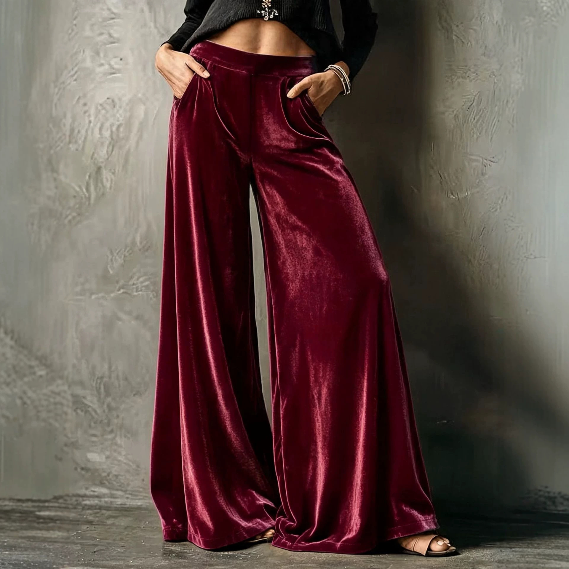 Solid Velvet High-Waist Wide-Leg Pants with Pockets