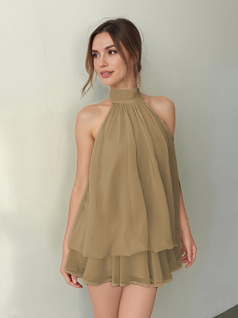 Solid Halter Neck Open Back Fitted Top Puff Skirt Mini Dress