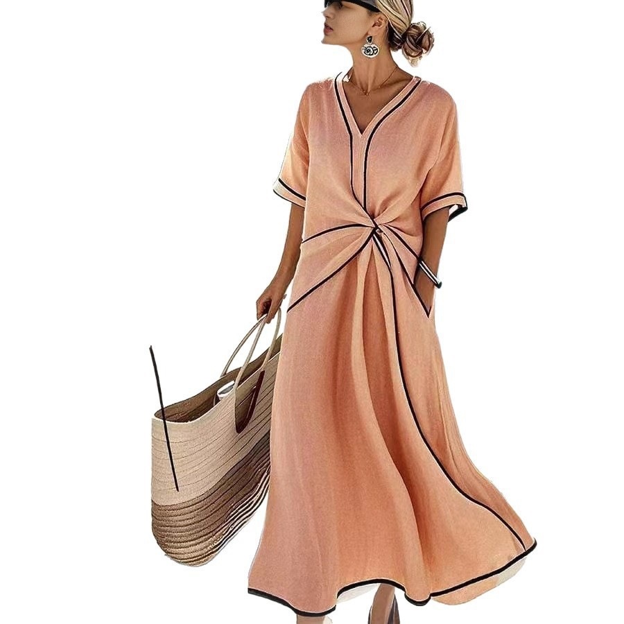 Women's Loose V-Neck Short Sleeve A-Line Midi Dress