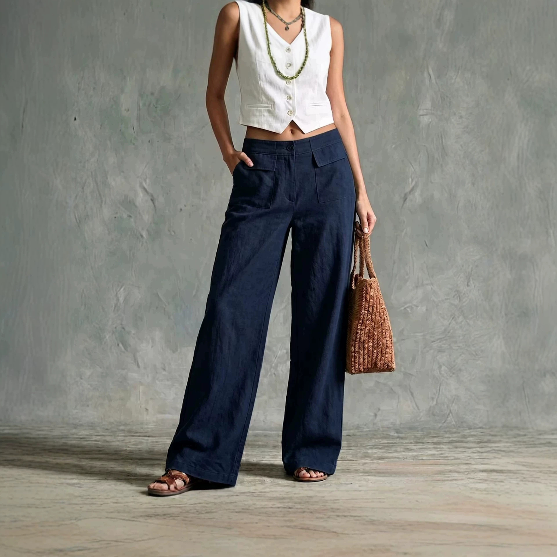 Women's Solid Cotton-Linen Wide-Leg Casual Pants