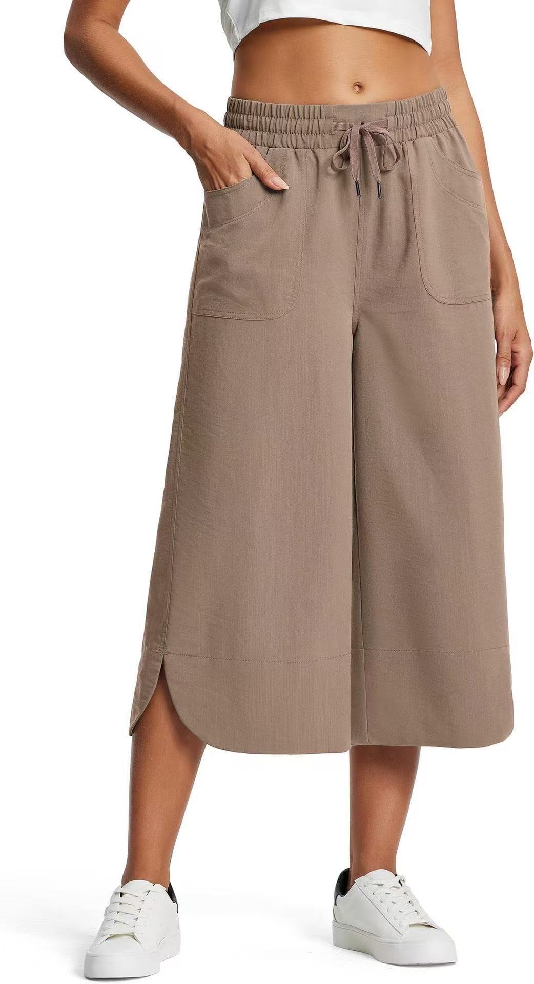 Women's Elastic Waist Solid Color Wide Leg Cropped Pants
