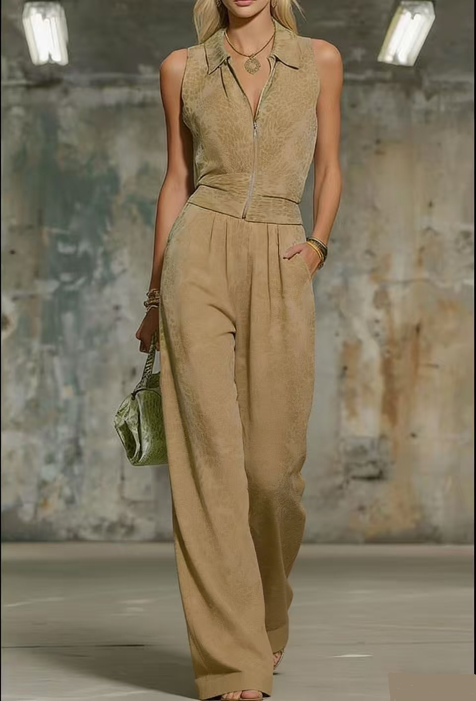 Retro Elegant Leopard Print Lapel Sleeveless Chiffon Top and Wide-Leg Pants Set