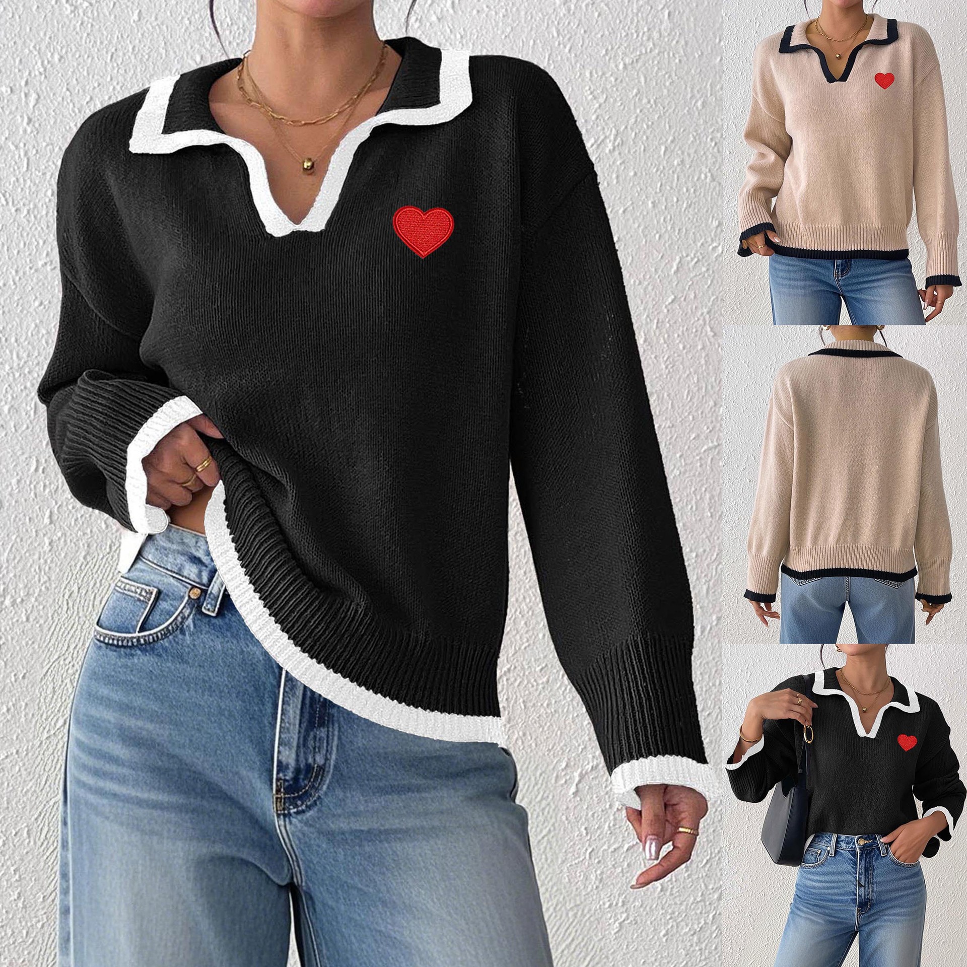 Women's Color-Block Heart Pullover Sweater with Collar