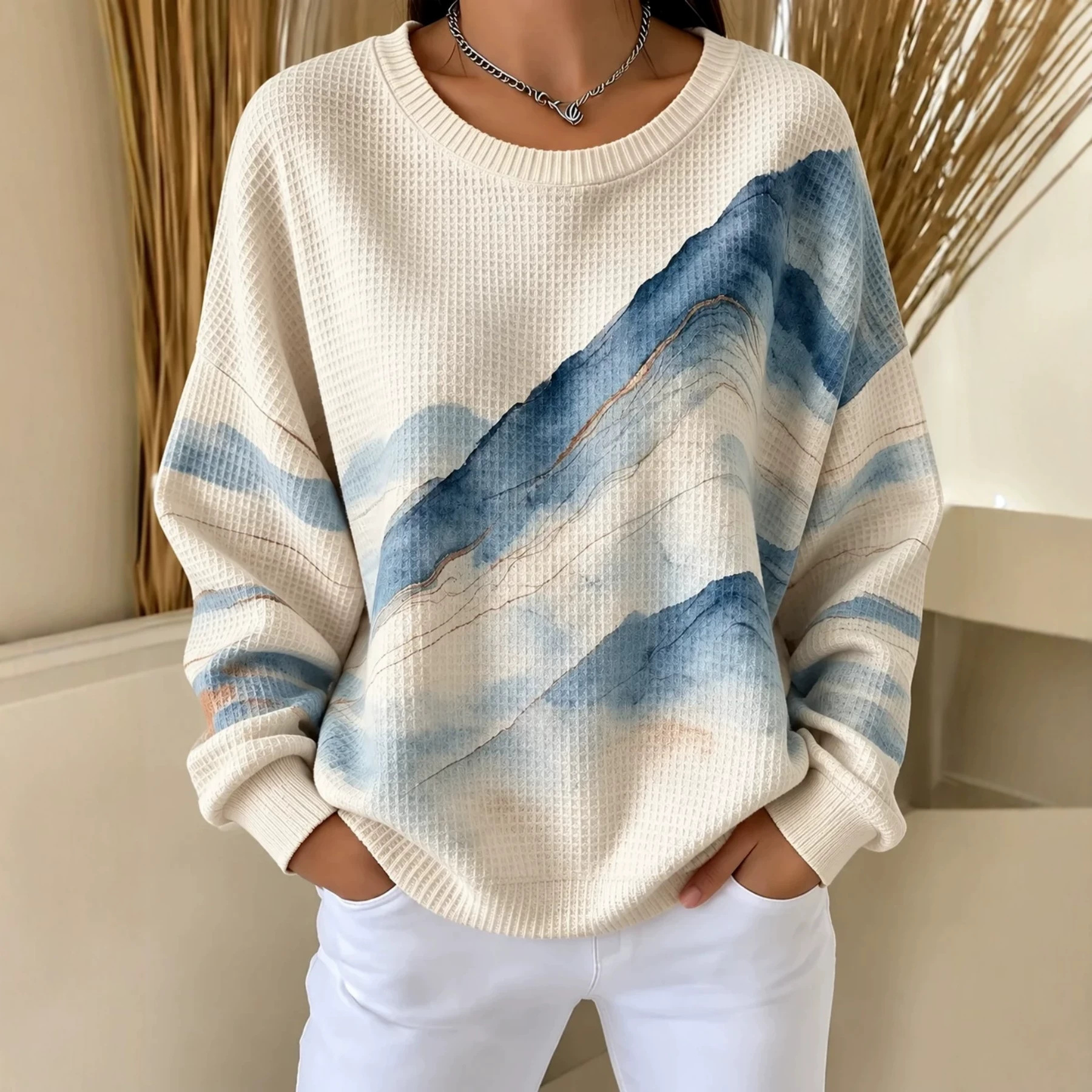 Landscape Line Print Crewneck Long Sleeve Pullover Sweatshirt
