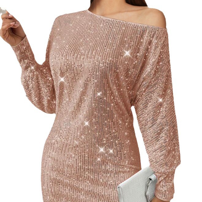 Elegant Solid Sequin Long Sleeve Bodycon Dress