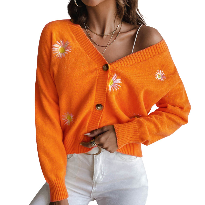 Daisy Embroidered V-Neck Cardigan Sweater