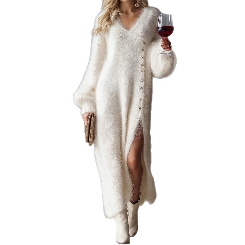 V-Neck Button Slit Midi Dress Loose Relaxed Fit