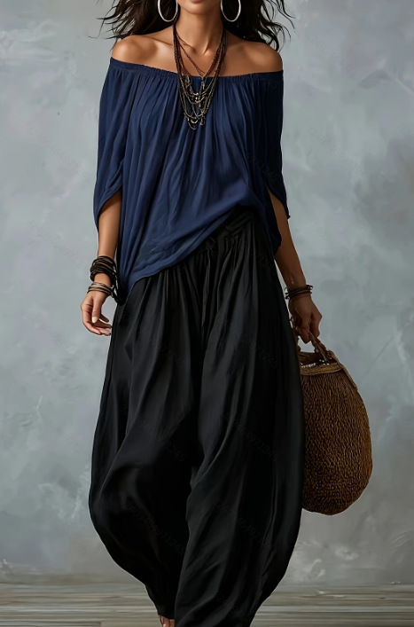Women's Long Loose Off-Shoulder Top and Lantern Pants Set