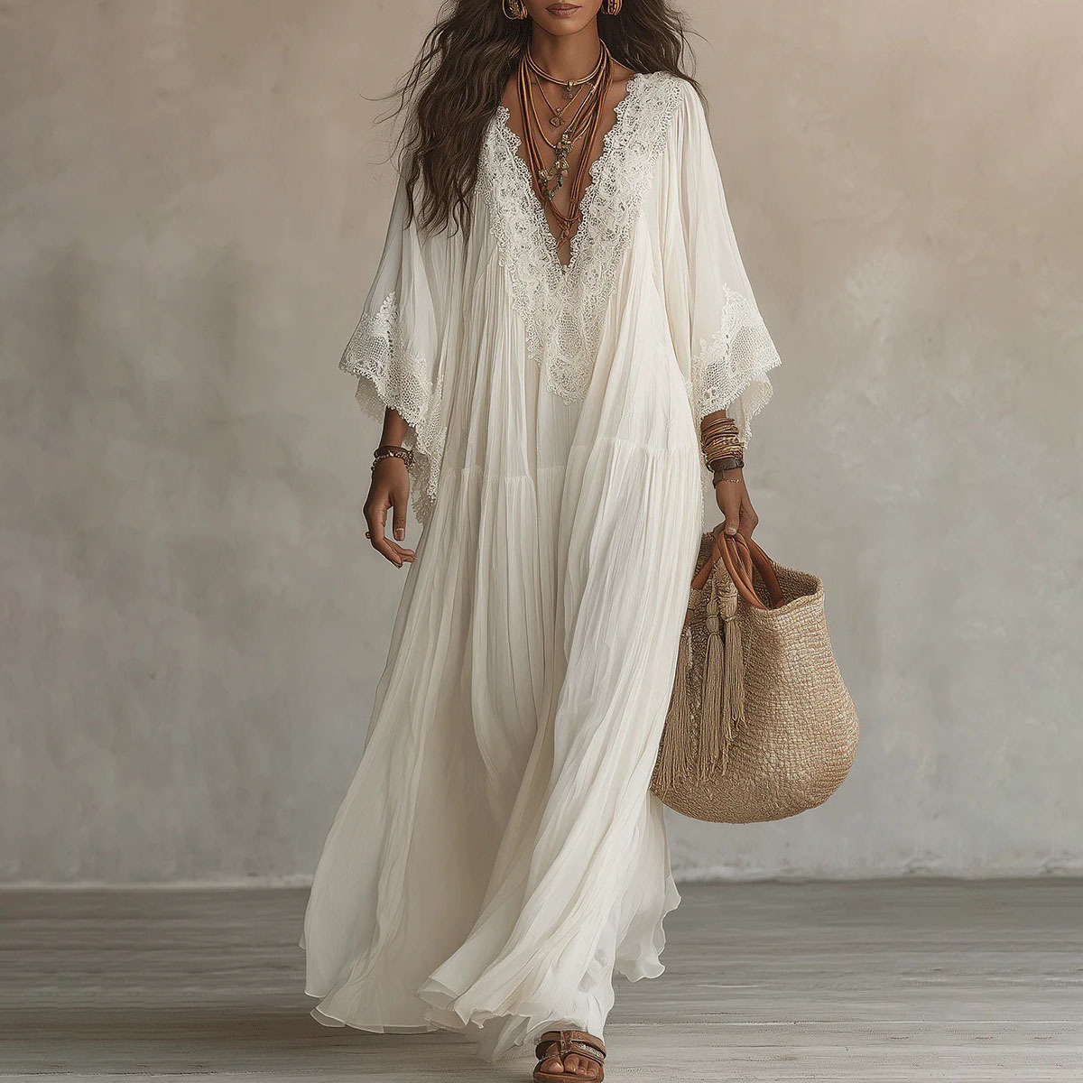 Lace V-Neck Batwing Sleeve Long Dress