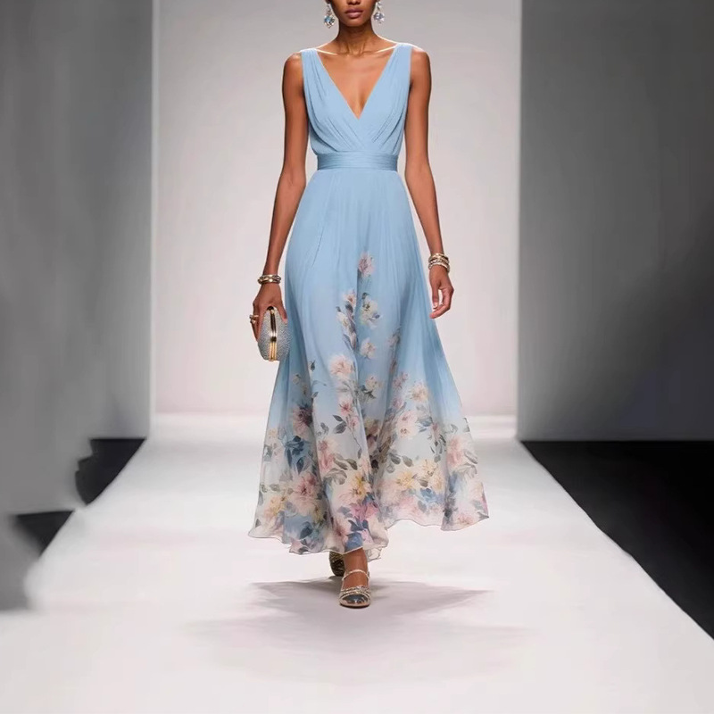 Women's Botanical Print V-Neck Sleeveless A-Line Maxi Dress