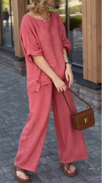 Cotton Linen Ramie Women's Two-Piece Set Long Sleeve Solid Color Plus Size