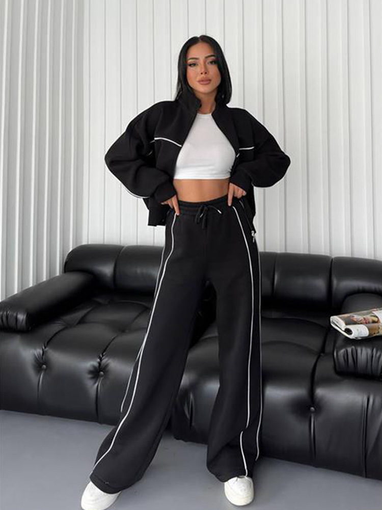 Women's Casual Two-Piece Set: Half-Turtleneck Zip Cardigan Sweatshirt & Striped Drawstring Pants