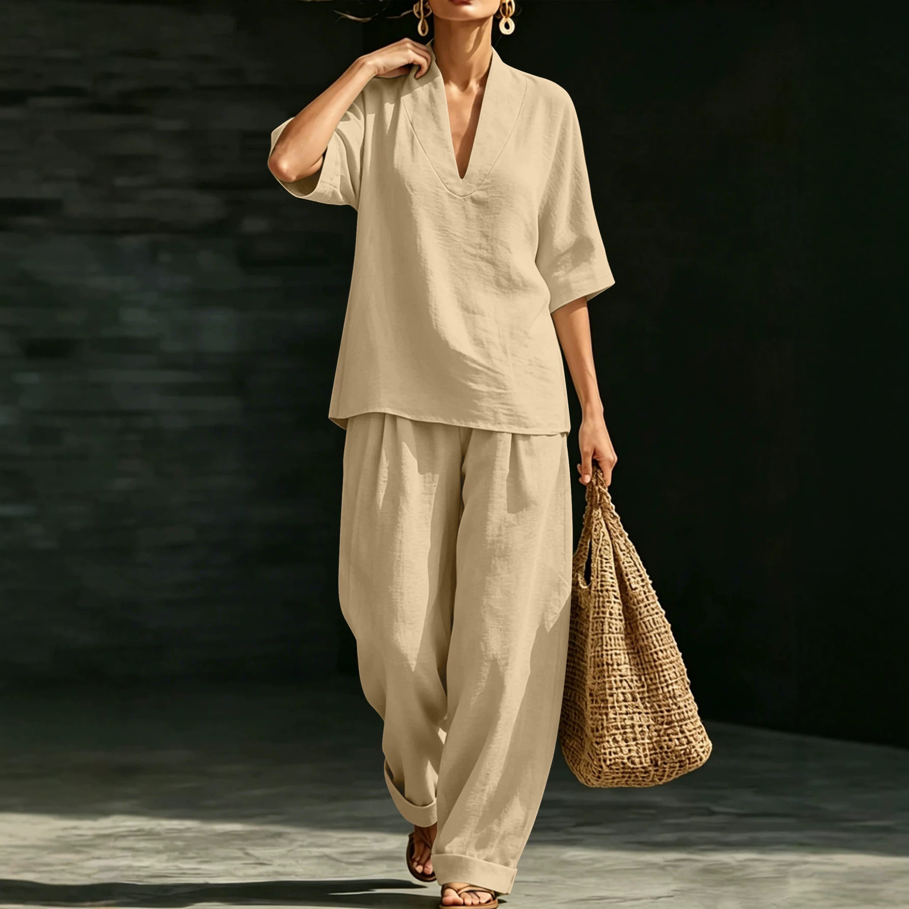 Lazy Style V-Neck Short Sleeve Top and Wide-Leg Pants Two-Piece Set