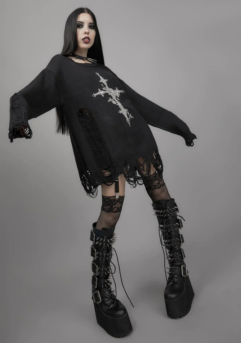 Women's Long Sleeve Cross Cutout Distressed Knit Sweater