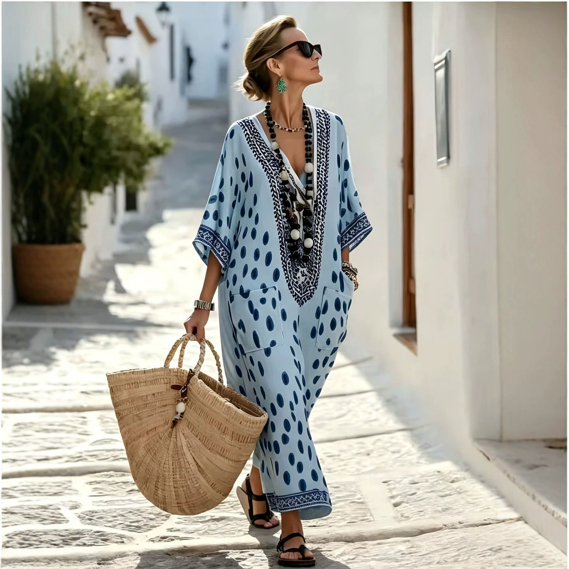 Women's Floral Polka Dot Print Midi Dress Deep V-Neck Five-Sleeve Slim Fit Casual