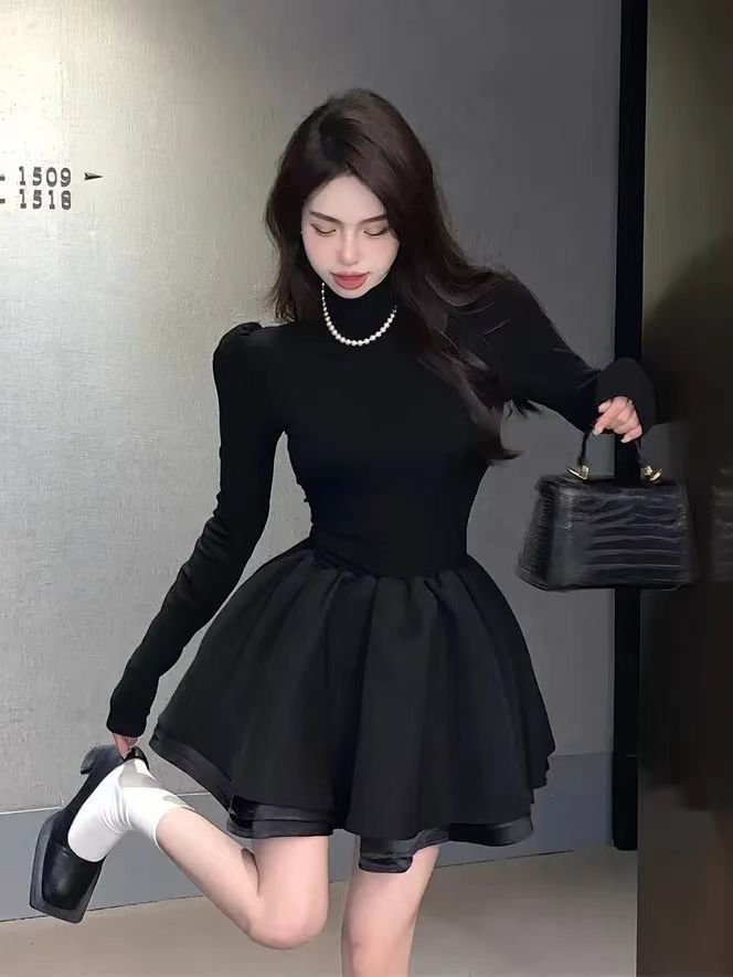 French-Style Half-Turtleneck A-Line Dress with Cinched Waist and Puffy Skirt