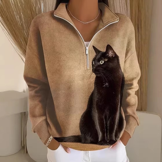 Cat & Moon Print Half-Zip Hoodie for Women