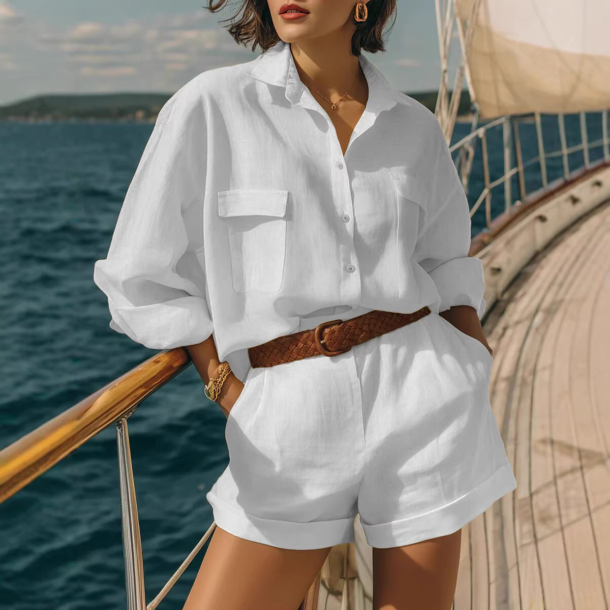 Women's Solid Color Cotton-Linen Loose Button-Front Shirt and Shorts Casual Set