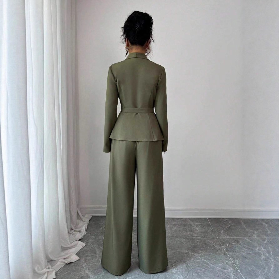 Belted Button Blazer and Wide-Leg Pants Two-Piece Suit