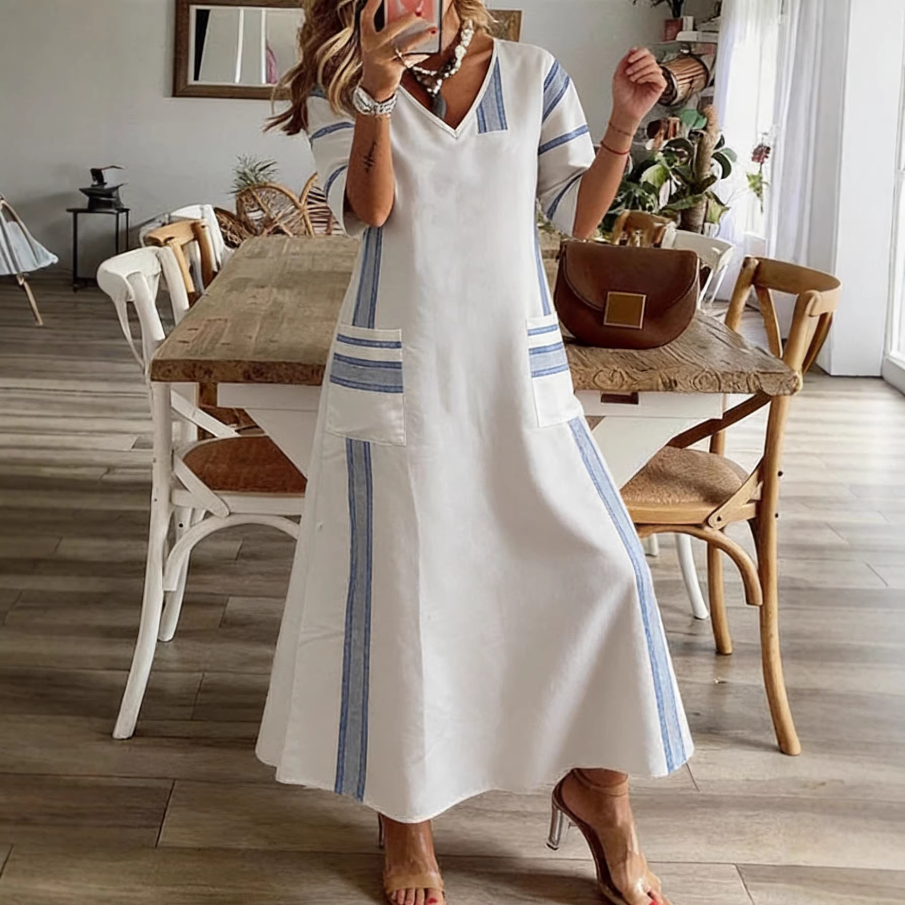 Boho A-Line Striped Midi Shirt Dress V-Neck 3/4 Sleeve Loose Fit