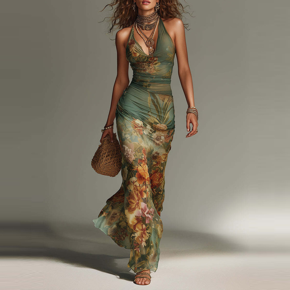 Women's Vintage Floral Halter Backless Bodycon Maxi Dress