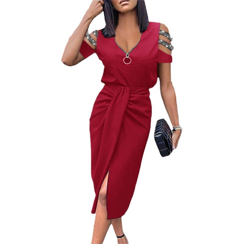 Solid Color Zip-Front Cutout Ruched Short Sleeve V-Neck Midi Dress