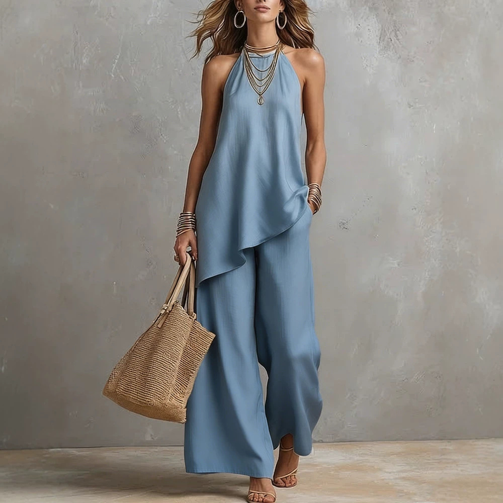 Women's Casual Crewneck Tank Top and Long Pants Solid Color Set