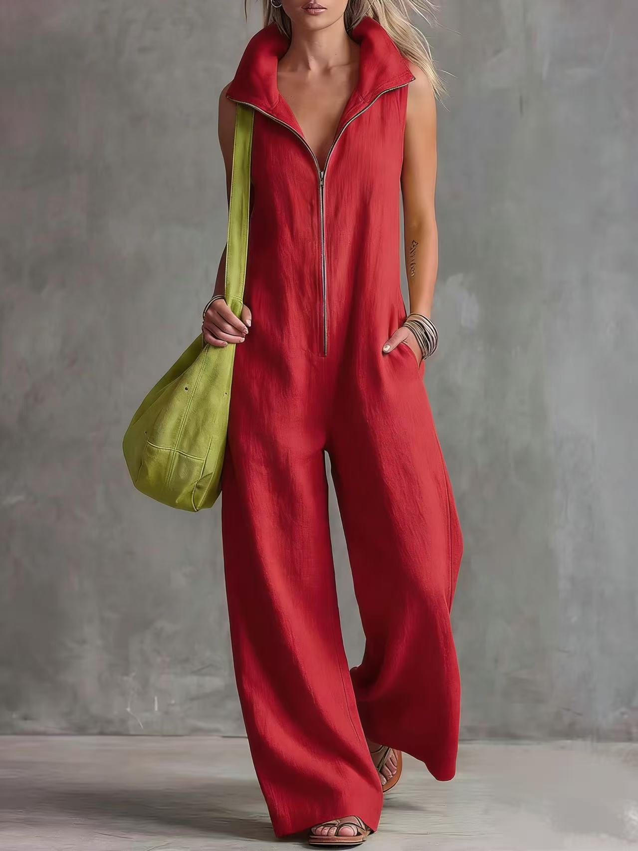 Women's Loose Sleeveless Jumpsuit with Pockets Faux Linen Casual