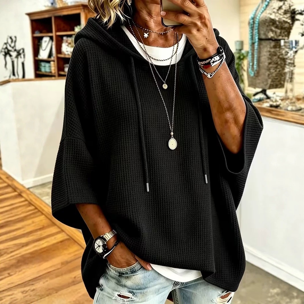Women's Waffle Knit Hooded Drawstring Sweatshirt Loose Fit