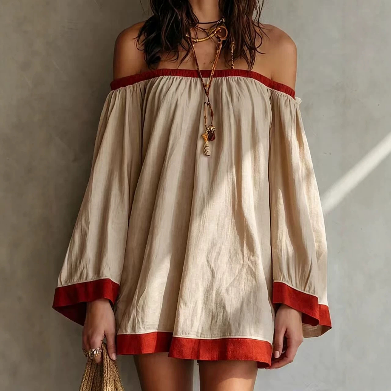 Retro Color-Block Shirt Dress with Red Trim Bell Sleeves