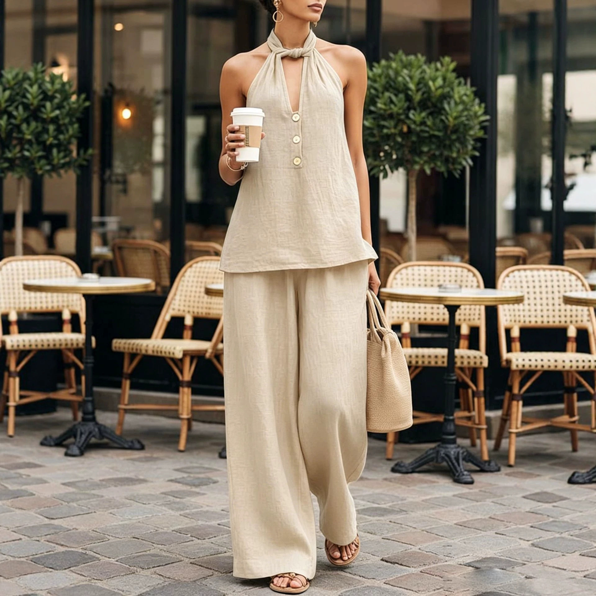 Women's Sleeveless Deep V Halter Open Back Top & Wide Leg Pants Set