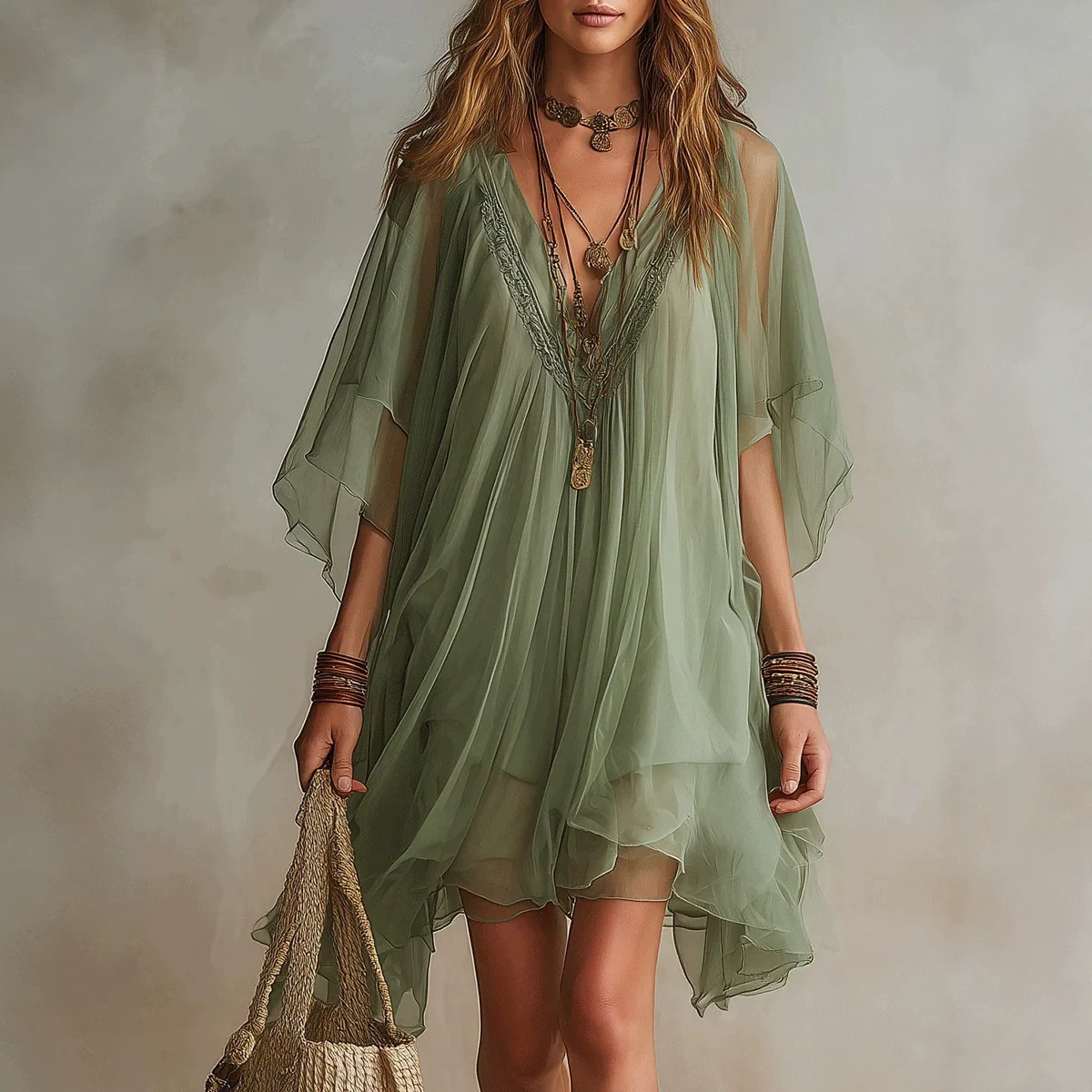 Women's V-Neck Chiffon 2-Piece Dress Set with Sheer Cover-Up