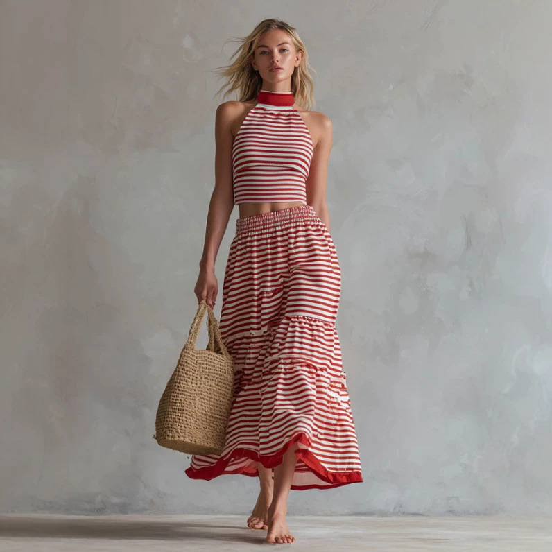 Retro Red Striped Sleeveless Top and Skirt Set