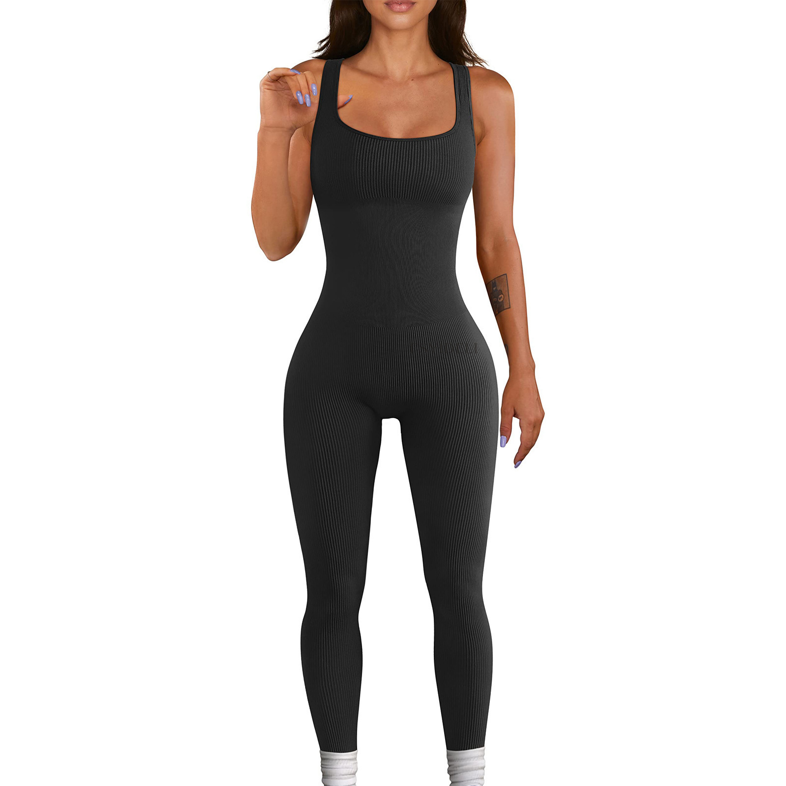 Ribbed Square Neck Butt-Lifting Slim Fit Yoga Jumpsuit for Women