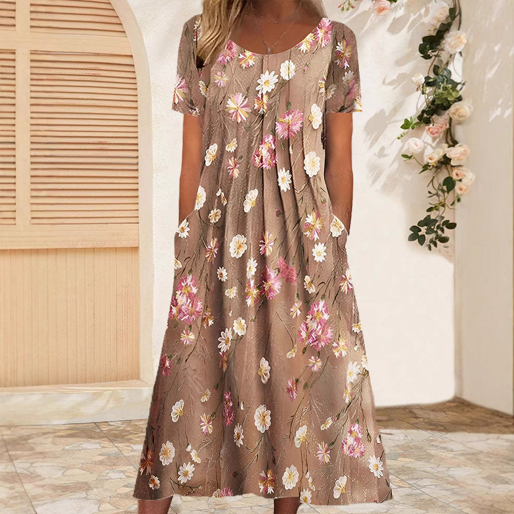 Women's Floral Round Neck Short Sleeve Pocket Dress