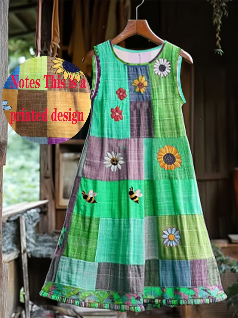 Women's Vintage Floral Plaid Sleeveless Midi Dress