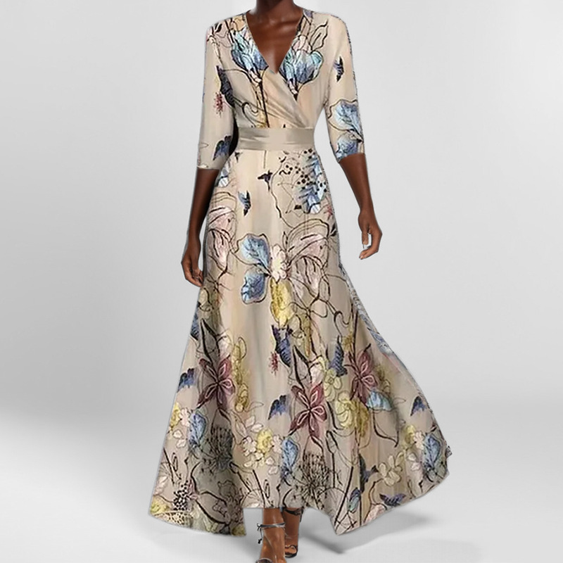 Elegant V-Neck Floral Print Slim-Fit Long Dress