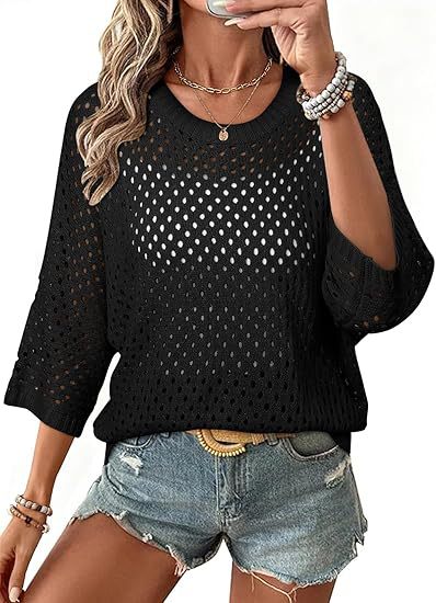 Solid Color Hollow-Out Crewneck Seven-Sleeve Knit Beach Cover-Up