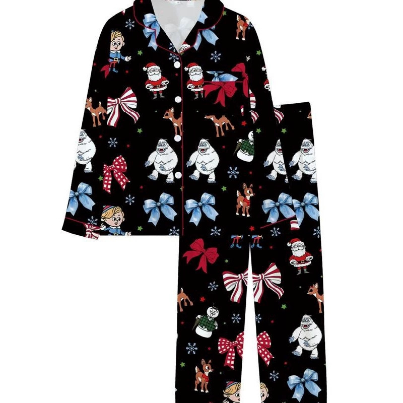 Cuban Collar Christmas Snow Monster Reindeer Print Long Sleeve Women's Set