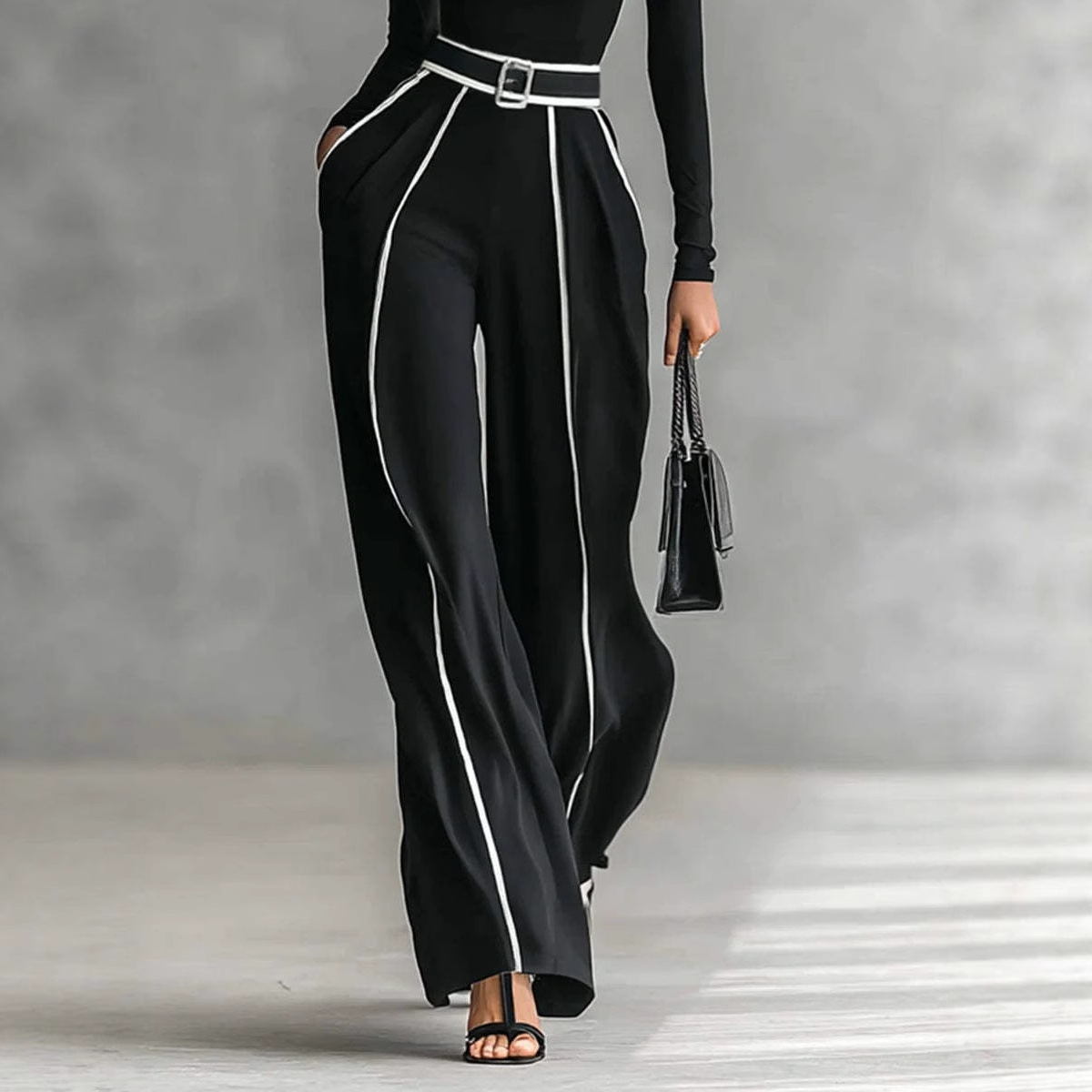 Elegant Stand Collar Color-Block Trim Waist-Slimming Long-Sleeve Knit and Wide-Leg Pants Two-Piece Set