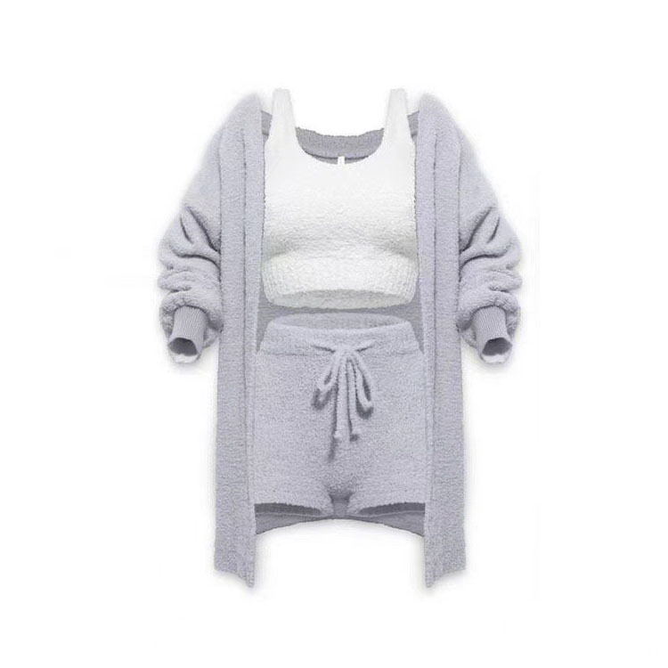 Knit Plush Long-Sleeve Cardigan, Vest & Shorts 4-Piece and 3-Piece Set