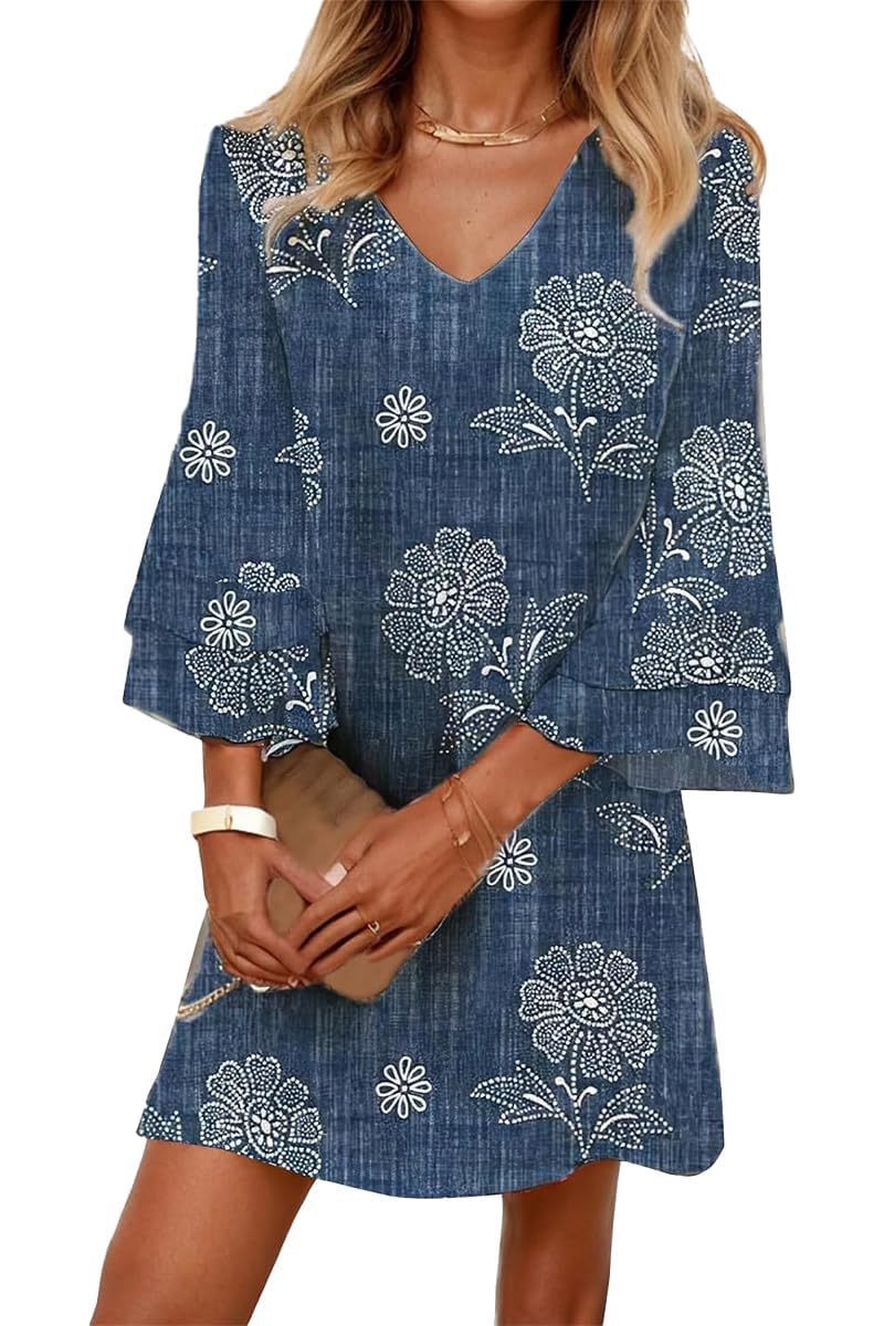 Women's Boho Floral Print Ruched Midi Dress