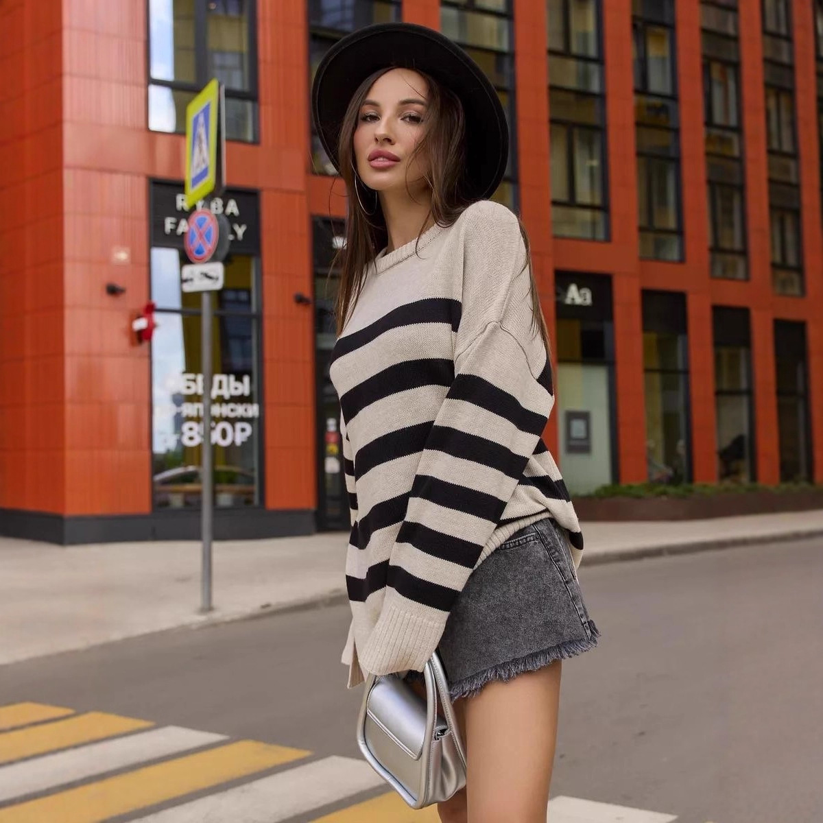 Women's Striped Knit Sweater Crewneck Loose Pullover
