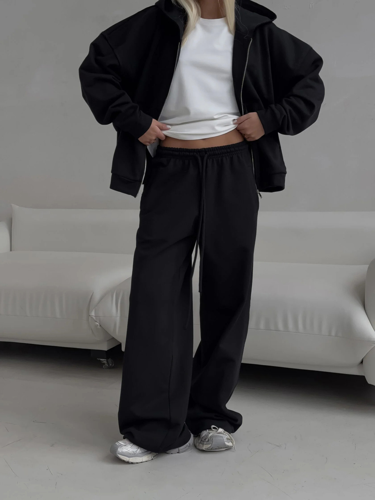 Women's Zip-Up Hooded Cardigan and Drawstring Pants Two-Piece Casual Set
