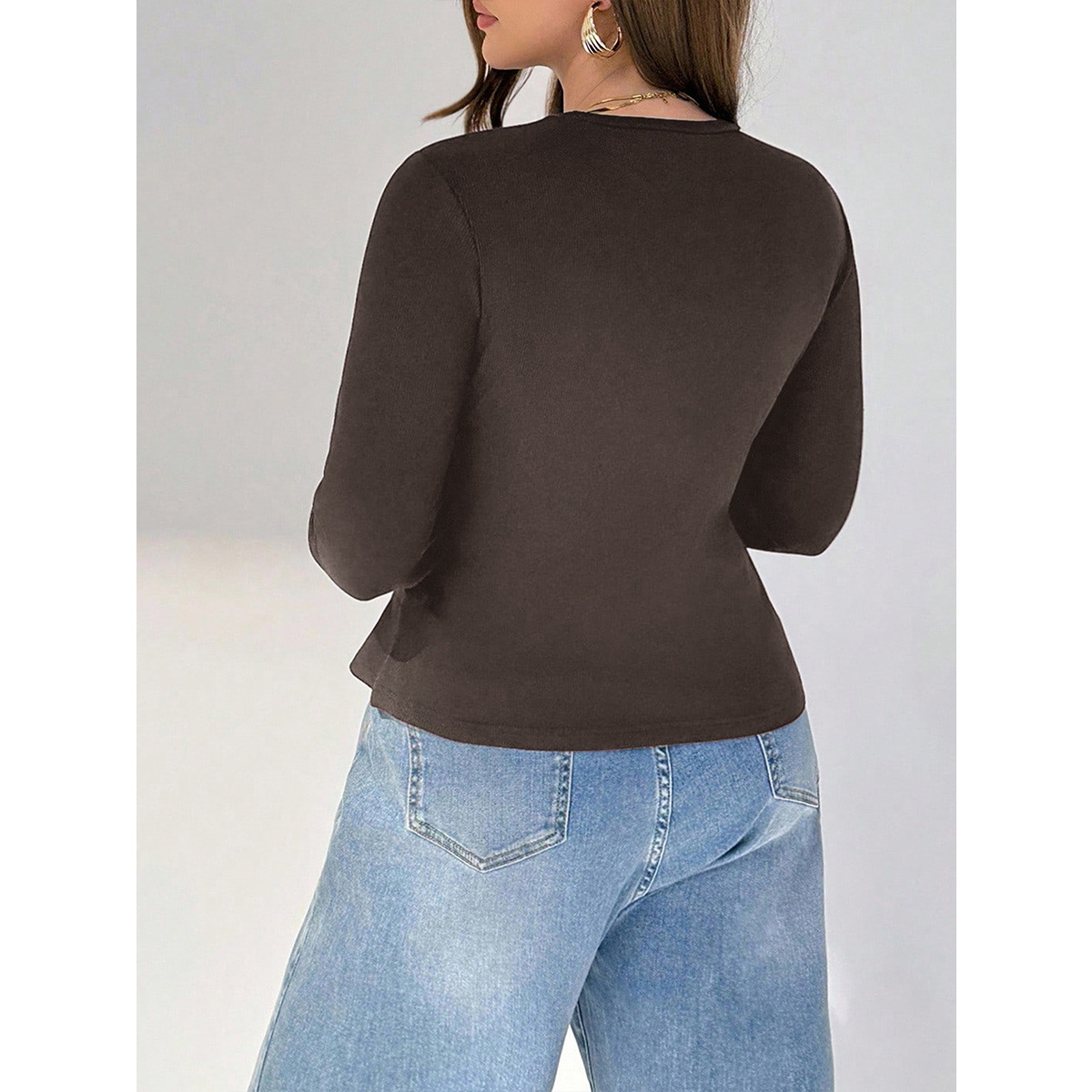 Plus Size Ribbed Long Sleeve Asymmetric Hem Fitted Tee